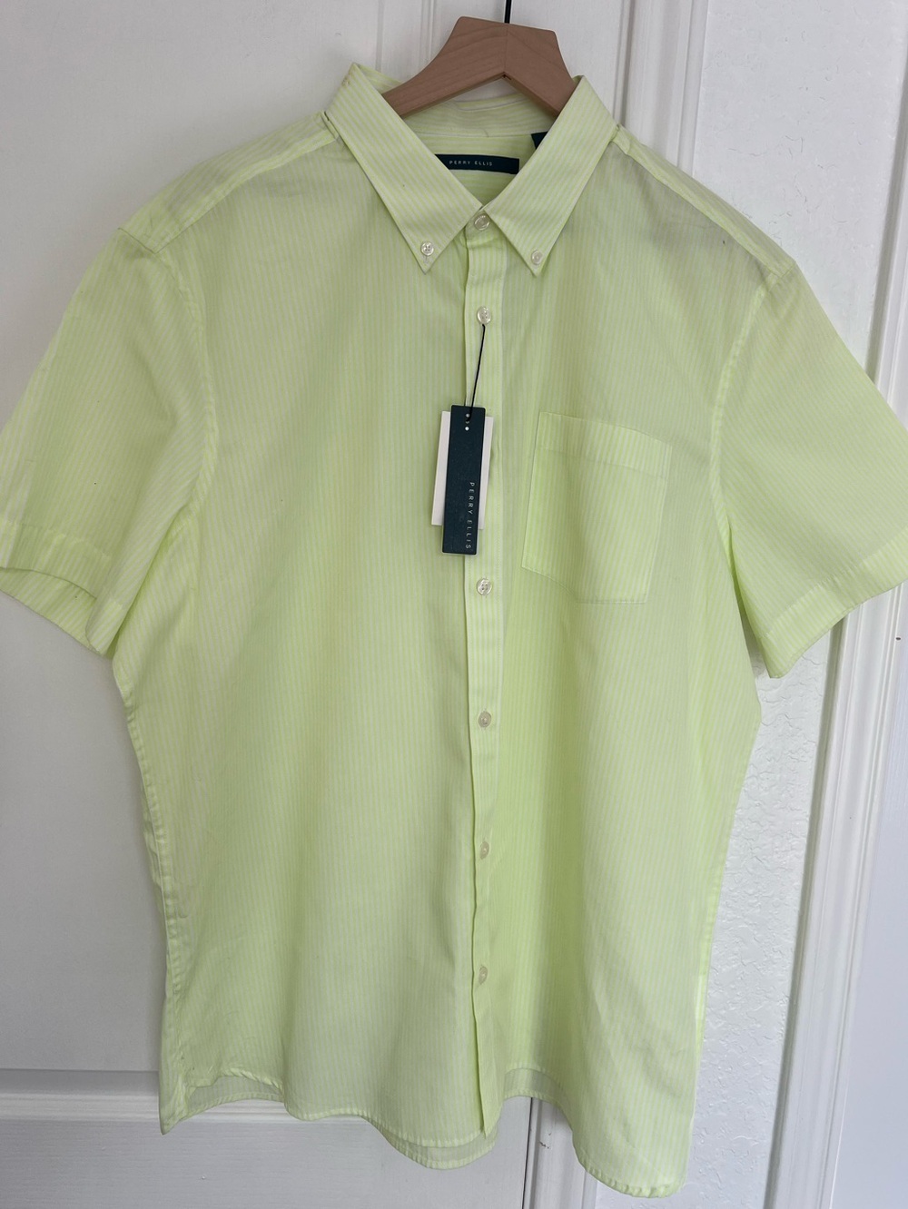Perry Ellis Men’s Short-Sleeve Button-Up Striped Shirt | pale yellow/lime | XL
